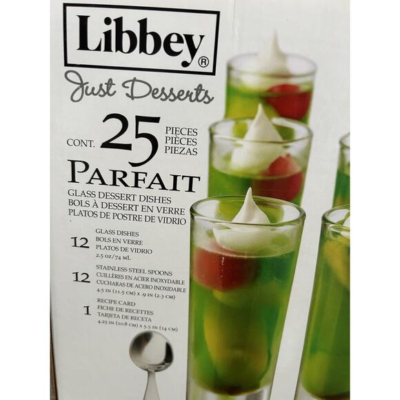 New Libbey Just Desserts Parfait Glass Dishes Spoons 25 Pieces Recipe Card NIB - Picture 6 of 11